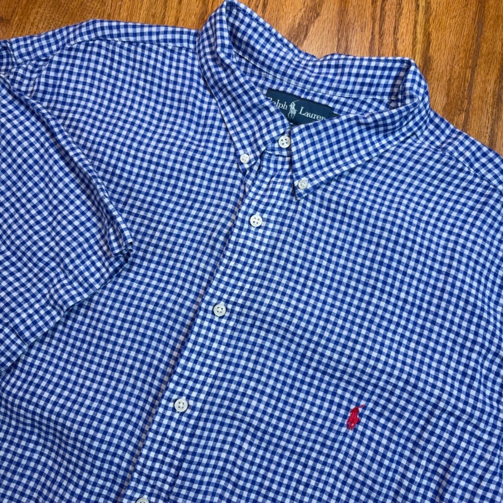 Polo Ralph Lauren Linen Shirt Mens 3XLT Blue Gingham Classic Fit Button Down
